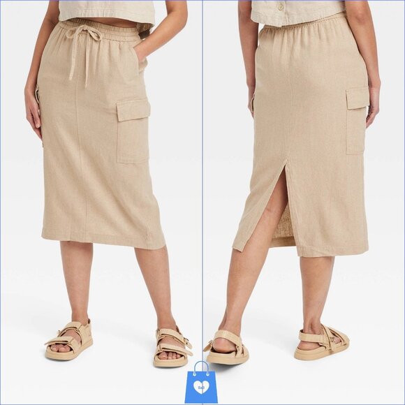 Small - Womens Linen Midi Skirt - A New Day - Tan - Picture 1 of 5